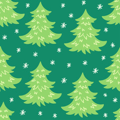 Christmas vector seamless pattern with cartoon Christmas trees and snowflakes. New Year's background.
