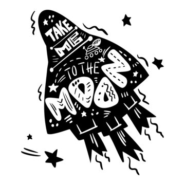 Take me to the moon. Vector lettering with space elements in flat style. Scandinavian hand drawn illustrations for prints, labels, posters. White inscription on black background.