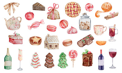 Watercolor Christmas set illustration of sweets and drinks