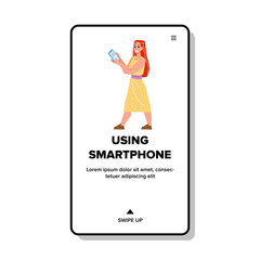 Woman Using Smartphone For Communication Vector. Young Girl Walking Outdoor And Using Smartphone For Conversation Or Searching Information Online. Character Web Flat Cartoon Illustration
