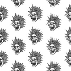 Original vector seamless pattern in vintage style. Crazy skull with crazy hairstyle, with sparks from the eyes. A design element.