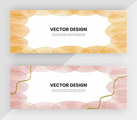 Web banners with orange and brown watercolor shapes, golden glitter texture. Vector design
