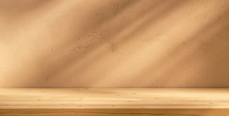 Background with natural shadow on the wall and table. Mock up for branding products, presentation, food and health care.	