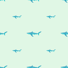 Seamless pattern Blue shark on pastel green background. Texture of marine fish for any purpose.