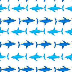 Fototapeta premium Seamless pattern shark on isolated white background. Texture of marine fish for any purpose.