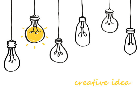 Light bulbs on and off - hand drawn icon. Symbol of idea. Hanging lamps sketch. Lightbulb doodle vector illustration.
