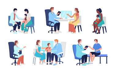 Family doctor semi flat color vector character set. Posing figures. Full body people on white. Healthcare isolated modern cartoon style illustration for graphic design and animation collection