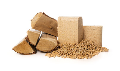 biomass heating - wood pellets, briquettes and firewood on white background - obrazy, fototapety, plakaty