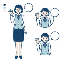 インカムをつけたビジネス女性が挨拶をしているイラスト