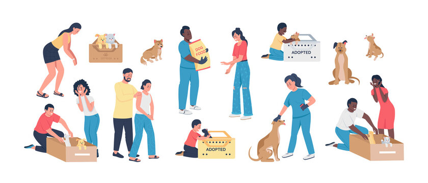 Adopting pets semi flat color vector character set. Posing figures. Full body people on white. Rescue animals isolated modern cartoon style illustration for graphic design and animation collection