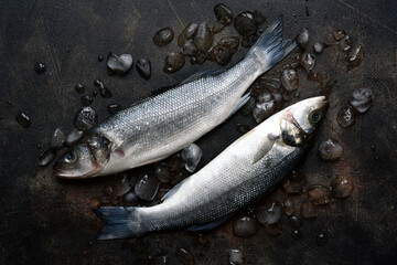 Raw organic sea bass. Top view with copy space.