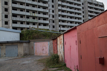 VLADIVOSTOK, RUSSIA. a soviet empty abandoned unfinished haunted residential concrete panel house...