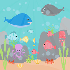 Underwater with sea life. Ocean World cute cartoon.Vector illustration.