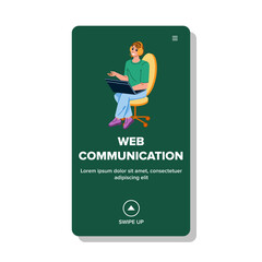 Web Communication Modern Online Technology Vector. Young Man Sitting On Office Chair And Speaking With Client, Web Communication And Customer Support. Character Web Flat Cartoon Illustration