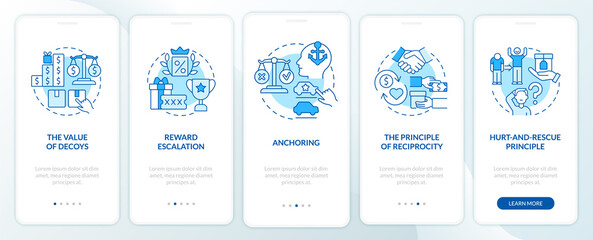 Fototapeta na wymiar Neuromarketing canons onboarding mobile app page screen. Customer anchoring bias walkthrough 5 steps graphic instructions with concepts. UI, UX, GUI vector template with linear color illustrations