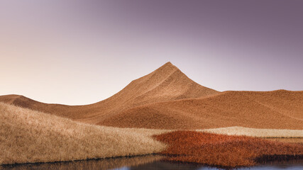 Fototapeta na wymiar Surreal mountains landscape with orange peaks and pale purple sky. Minimal modern abstract background. Shaggy surface with a slight noise. 3d rendering
