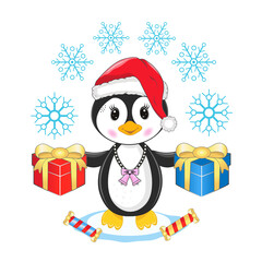Vector illustration of a penguin in a Santa Claus hat with gifts and snowflakes on a white background. Christmas, New Year.