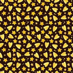 Holiday seamless pattern with yellow Christmas stars and hearts. Valentines day background