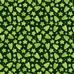 Holiday seamless pattern with green Christmas stars and hearts.