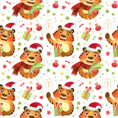 Happy tigers in Santa hat with Christmas tree branch, gift and sparkler. The symbol of the New Year 2022.