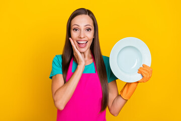 Photo of excited lady hold dish palm cheek sale reaction wear latex gloves pink apron isolated yellow color background
