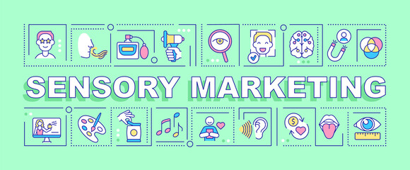 Sensory marketing word concepts banner. Impact customers with senses. Infographics with linear icons on green background. Isolated creative typography. Vector outline color illustration with text - obrazy, fototapety, plakaty
