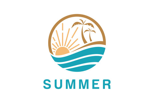 summer beach coast island, sea ocean with palm and summer sun rays logo design inspiration
