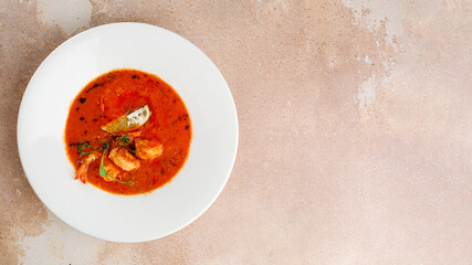 tom yum in white plate on concrete background. Spicy Thai food with ingredients on table. Spicy Thai food top view