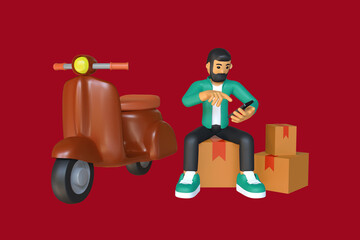 Naklejka premium 3d illustration male courier check the box and handphone with motorcycle