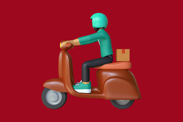 3d illustration male courier riding vespa motorcycle