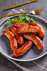 fried sausages on a plate, top view