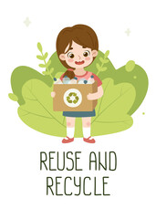 Cute girl with box of plastic bottles for recycling. Adorable child holding container. Smiling kid eco friendly. Poster about ecology.