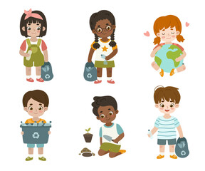 Set of children protecting nature. Ecology collection of volunteer smiling kids recycling and gardening.