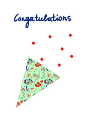 Vector holiday greeting card with hand drawn congratulations in delicate colors. Simple, bright, festive doodle style poster. Designs for prints, stickers, social media, printing, web, invitations