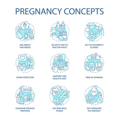 Pregnancy blue concept icons set. Expecting mother needs idea thin line color illustrations. Support her healthy diet. Take in vitamins. Vector isolated outline drawings. Editable stroke