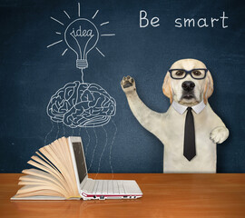 A dog labrador is near a light bulb with a word idea above a brain, a laptop and an open book.