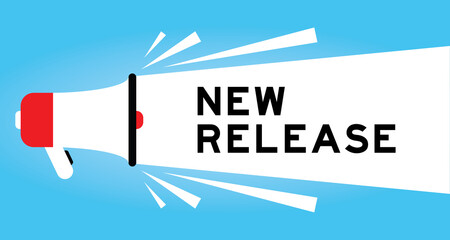 Color megphone icon with word new release in white banner on blue background
