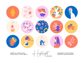 Hand drawn collection of abstract colourful illustrations for social media highlight covers