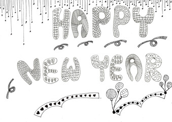  Hand drawing of HAPPY NEW YEAR words in cartoon characters,with black ink,
