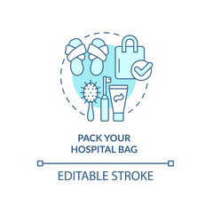 Pack hospital bag blue concept icon. Preparing for baby abstract idea thin line illustration. Choosing clothes and accessories. Clinic admission. Vector isolated outline color drawing. Editable stroke