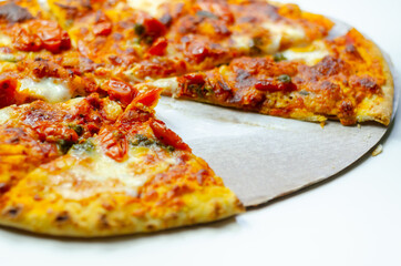 Delicious Neapolitan pizza based on buffalo mozzarella and tomatoes, italian cuisine