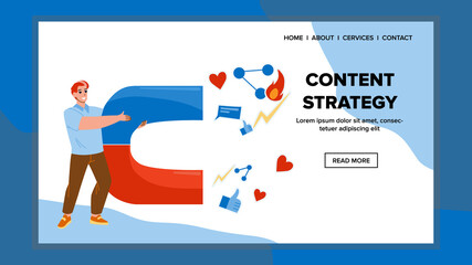 Content Strategy Development Man Manager Vector. Young Boy With Magnet Developing And Planning Content Strategy For Marketing Or Blog. Character Smm Business Web Flat Cartoon Illustration