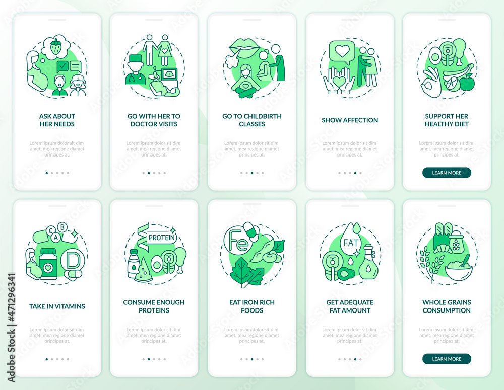 Wall mural prenatal care onboarding mobile app page screen set. showing love and care walkthrough 5 steps graph