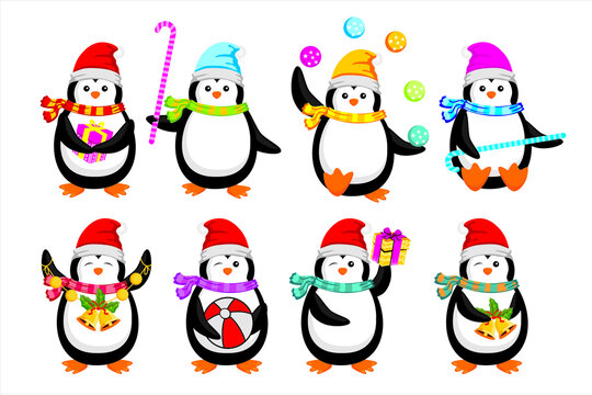 Cute cartoon penguin. Group of penguins celebrating Christmas. Penguin with Christmas hat 