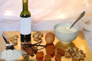Ingredients for a peach and pistachio cake. Festive holiday background. Selective focus.
