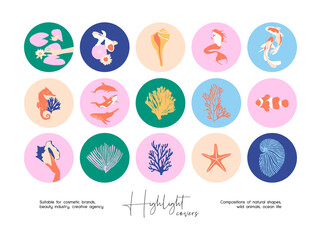 Hand drawn collection of abstract colourful illustrations for social media highlight covers