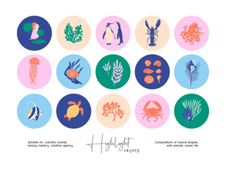 Hand drawn collection of abstract colourful illustrations for social media highlight covers