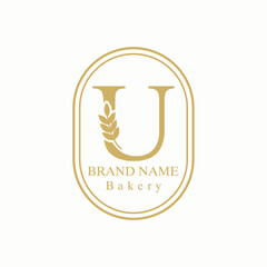 Initial U Letter with Wheat Grain for Bakery, Bread, Cake, Cafe, Pastry, Healthy Food, Cafetarian, Home Industries Business Logo Vector Idea 