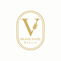 Initial V Letter with Wheat Grain for Bakery, Bread, Cake, Cafe, Pastry, Healthy Food, Cafetarian, Home Industries Business Logo Vector Idea 