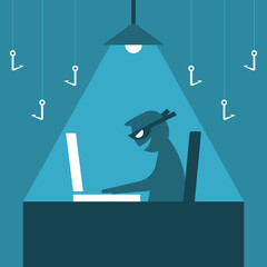 Hacker with laptop computer stealing confidential information data and fishing hook phishing scam flat vector design.